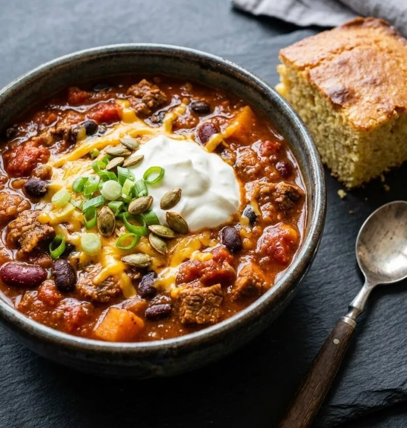 Crockpot pumpkin chili in a bowl