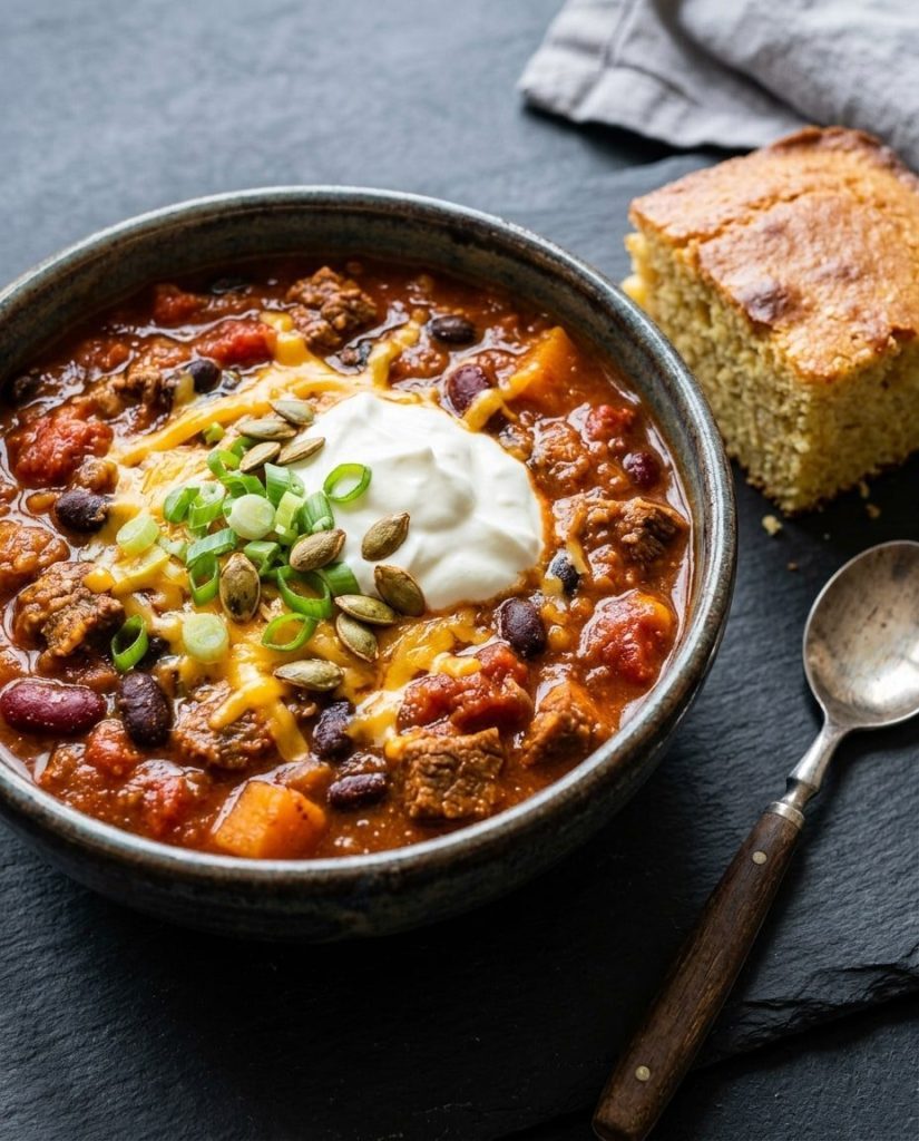 Crockpot pumpkin chili in a bowl