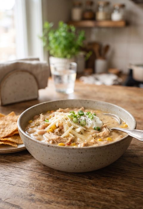 Crockpot white chicken chili in a bowl