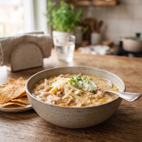 Crockpot white chicken chili in a bowl