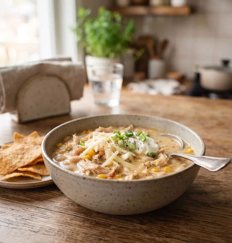 Crockpot white chicken chili in a bowl