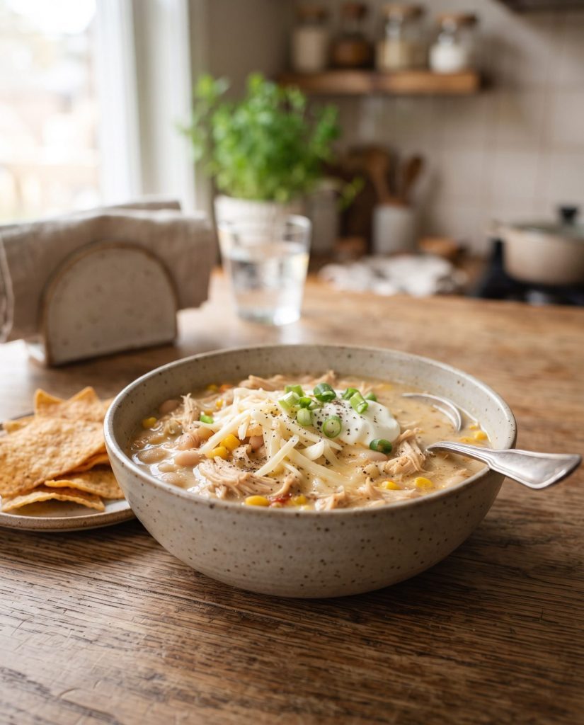 Crockpot white chicken chili in a bowl