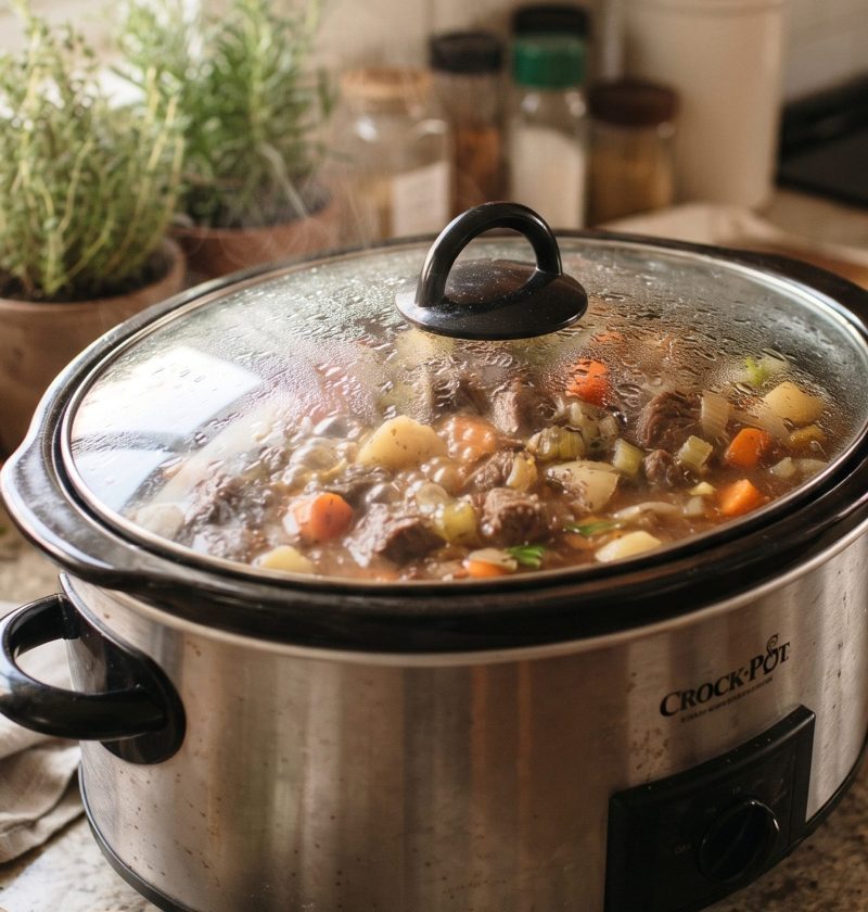 A slow cooker with the lid on