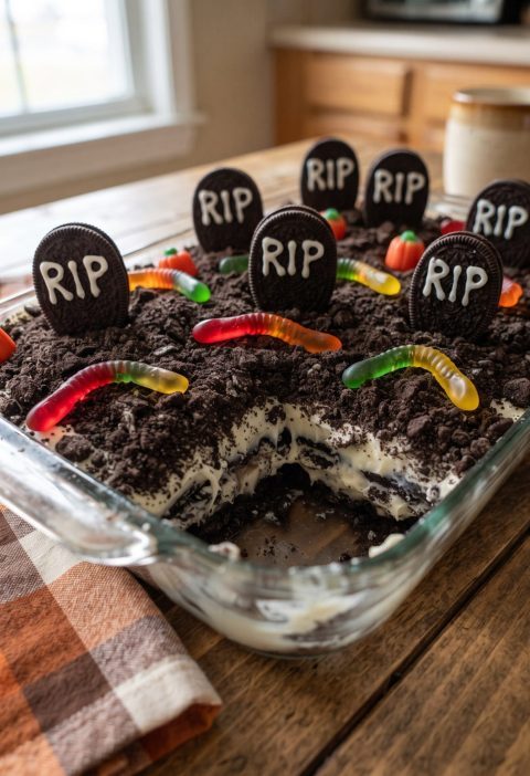 Graveyard dirt cake with cookie tombstones and gummy worms