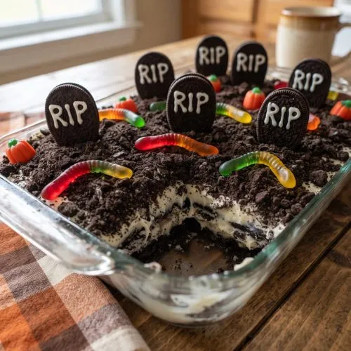 Graveyard dirt cake with cookie tombstones and gummy worms