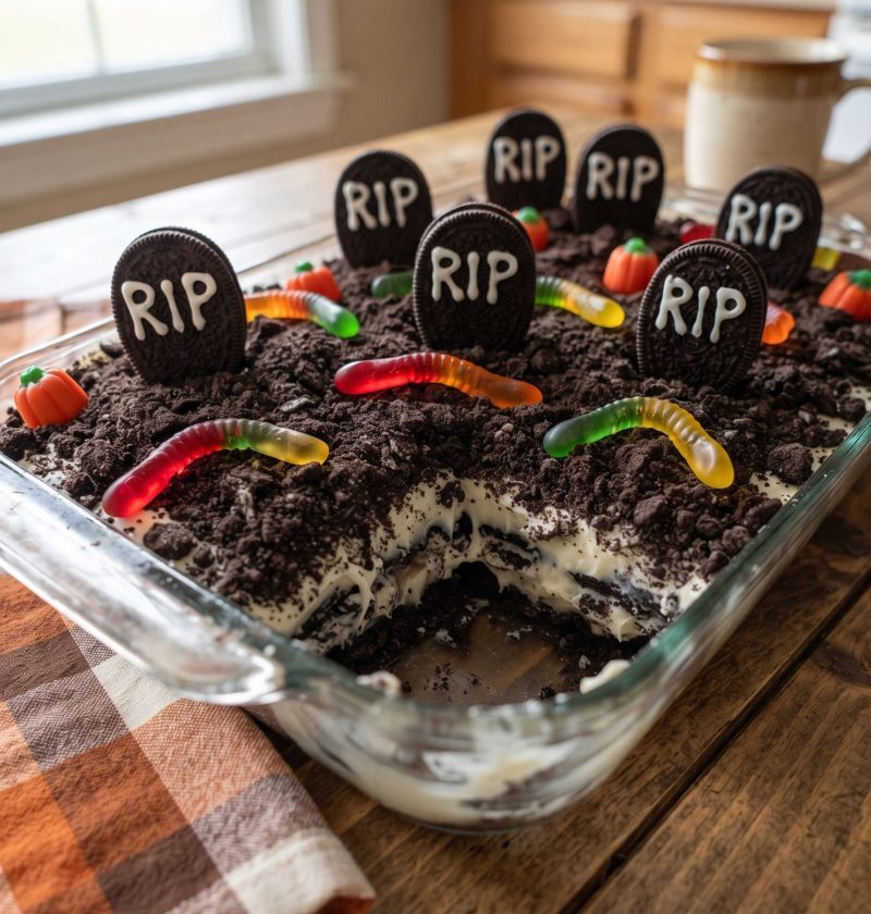 Graveyard dirt cake with cookie tombstones and gummy worms