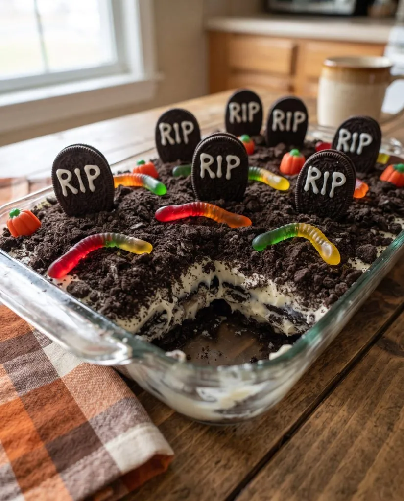 Graveyard dirt cake with cookie tombstones and gummy worms