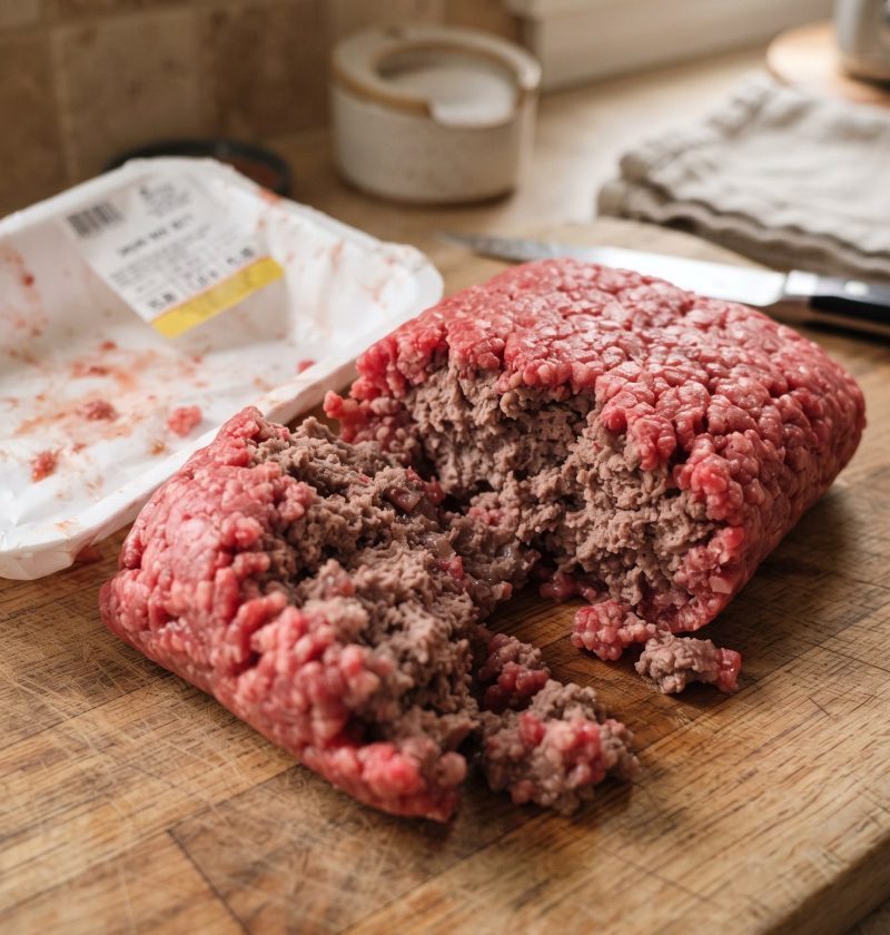 Ground beef red outside and gray inside