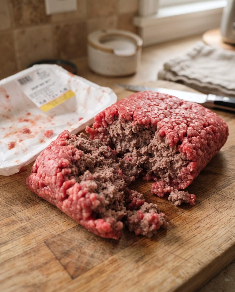 Ground beef red outside and gray inside