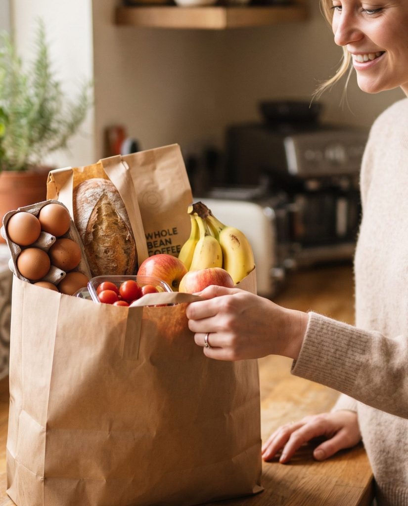 Grown son bringing groceries to his mom's house