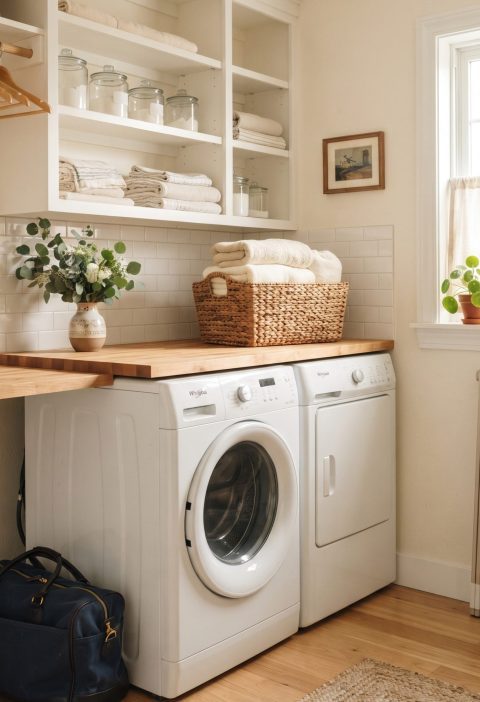 A duffel bag beside the washing machine