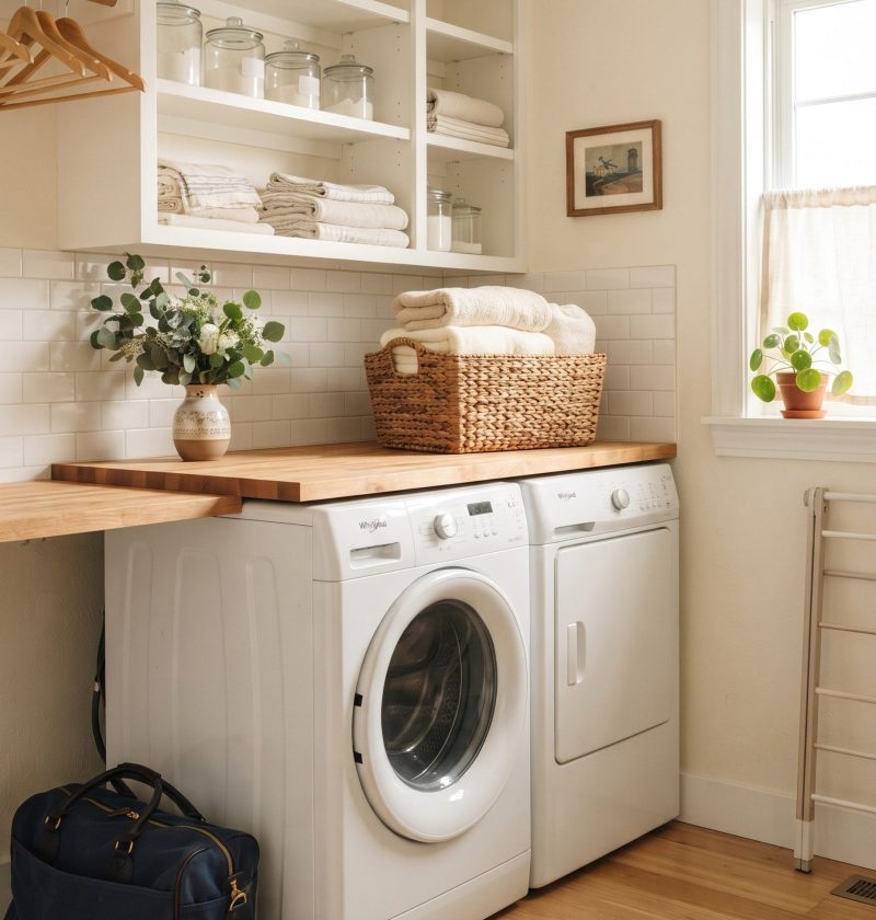 A duffel bag beside the washing machine