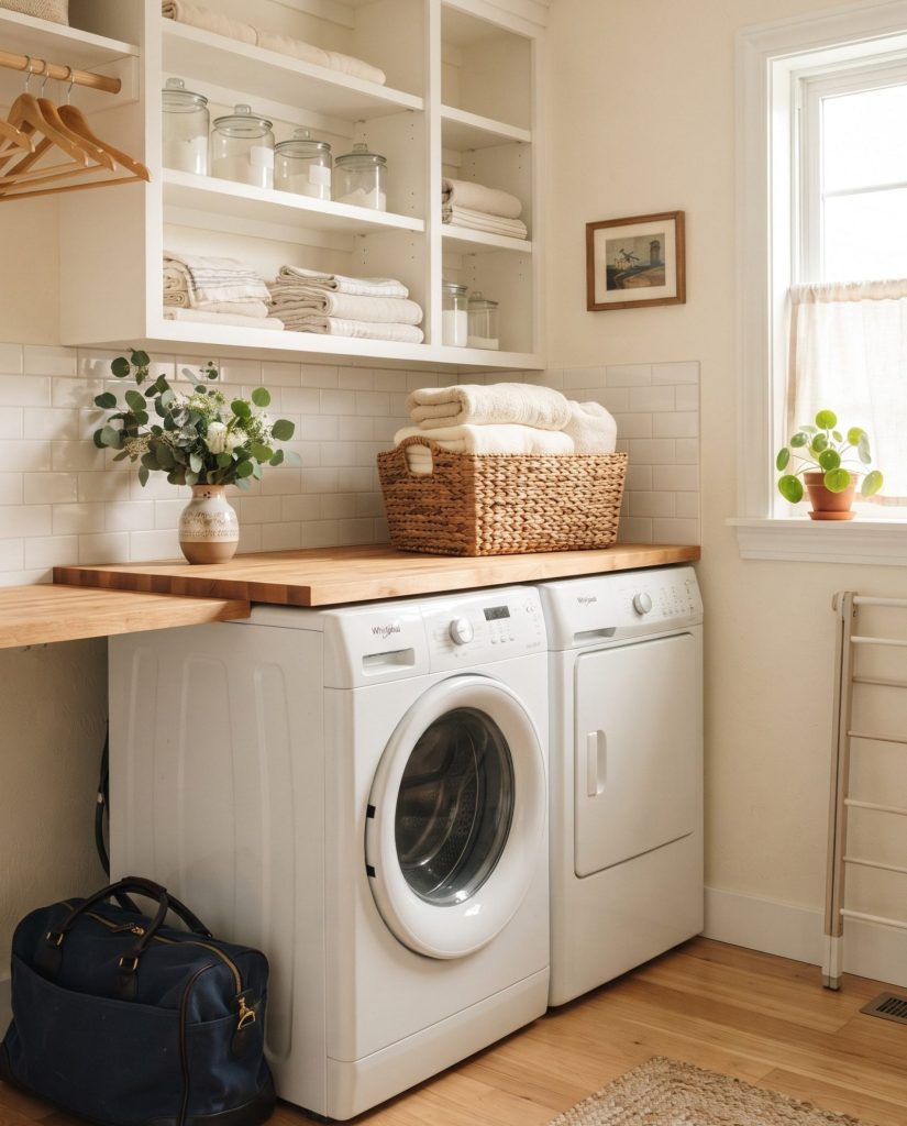 A duffel bag beside the washing machine