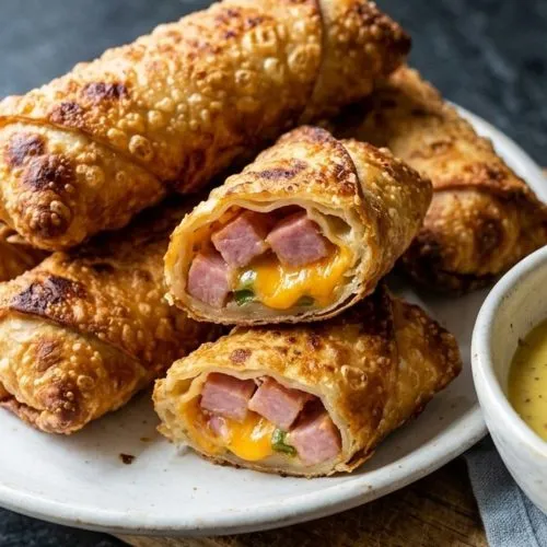 Ham and cheese egg rolls with honey mustard