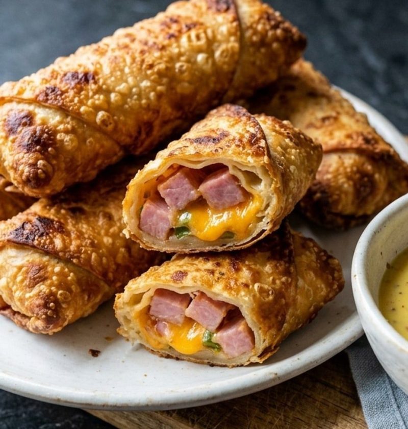 Ham and cheese egg rolls with honey mustard