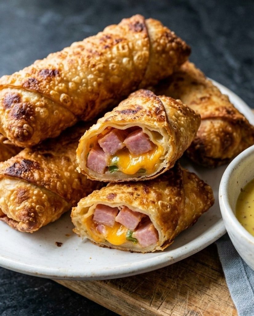 Ham and cheese egg rolls with honey mustard