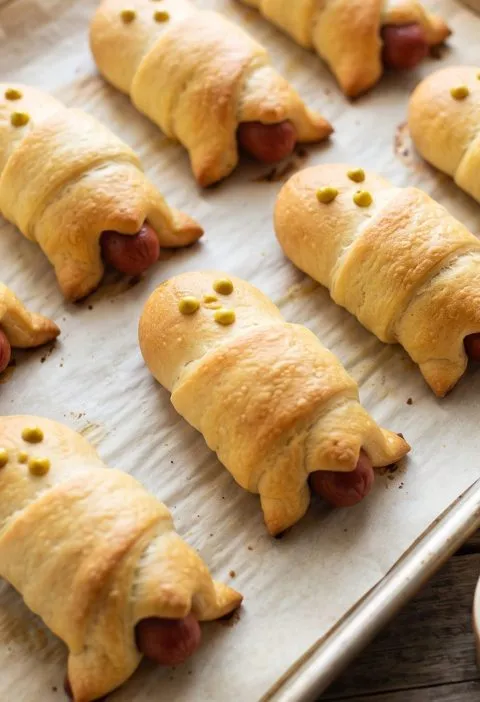 Baked hot dog ghosts on a baking sheet
