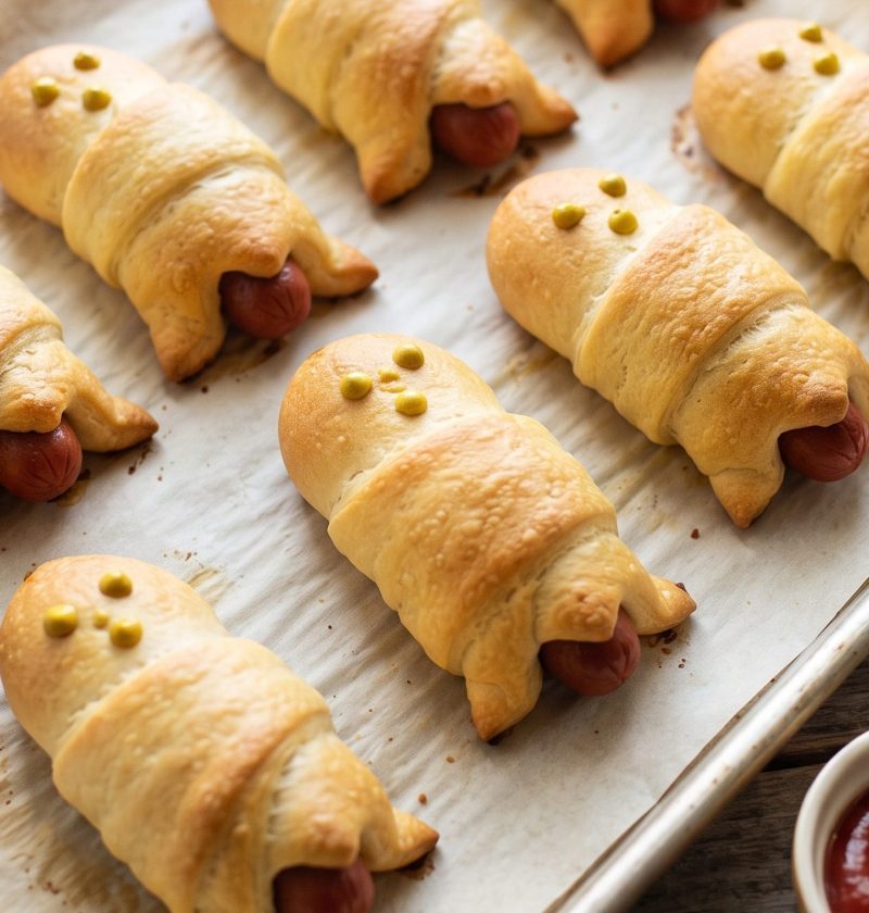 Baked hot dog ghosts on a baking sheet