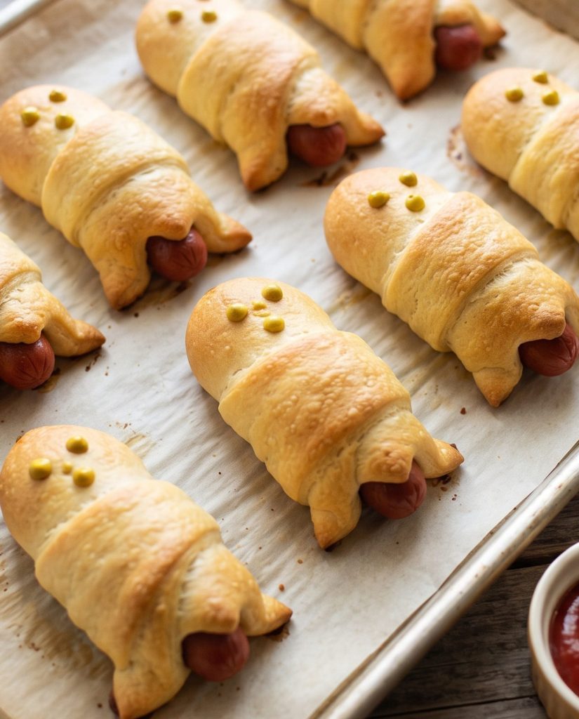 Baked hot dog ghosts on a baking sheet