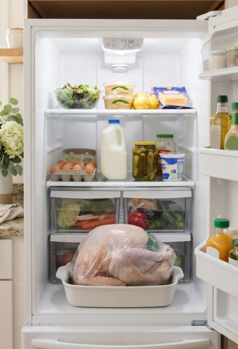 A frozen turkey thawing in a pan on the bottom shelf of the fridge