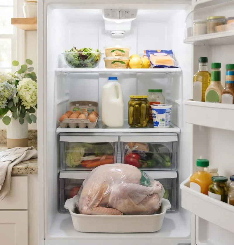 A frozen turkey thawing in a pan on the bottom shelf of the fridge