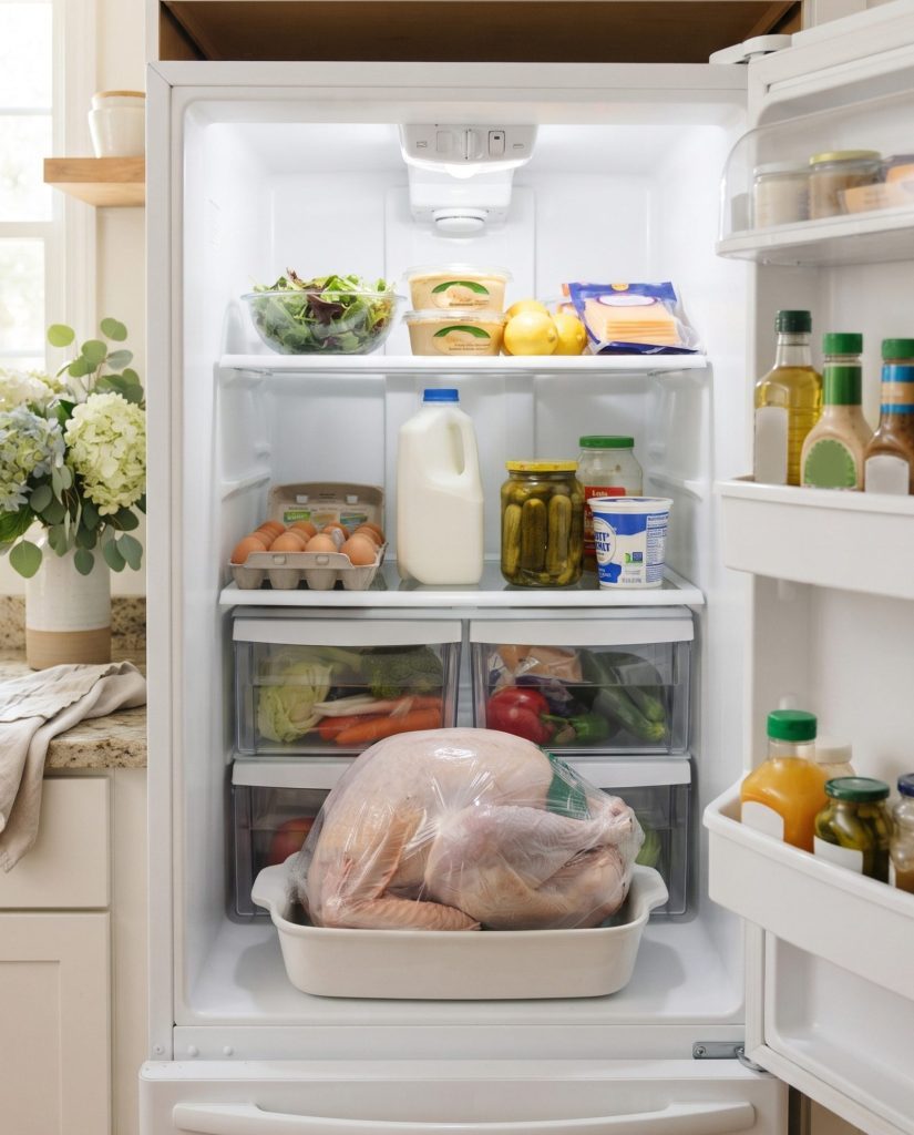 A frozen turkey thawing in a pan on the bottom shelf of the fridge