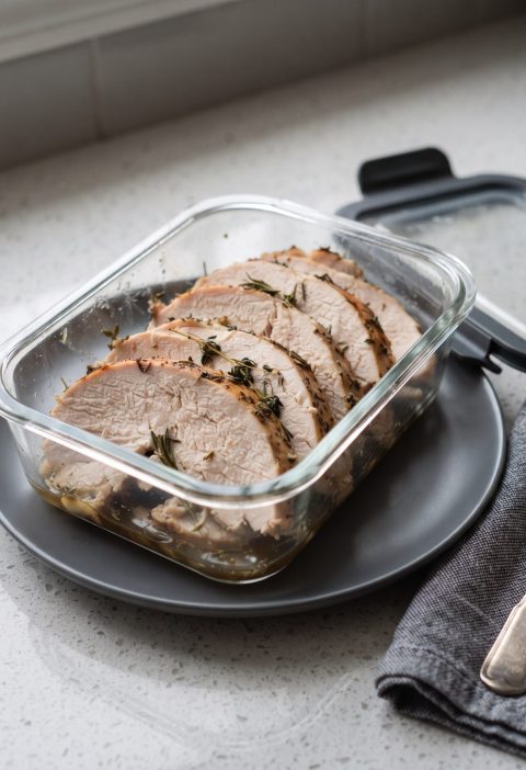 Leftover turkey in a storage container