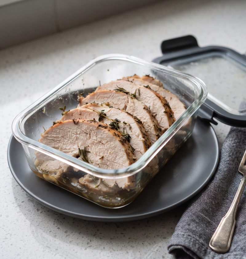 Leftover turkey in a storage container