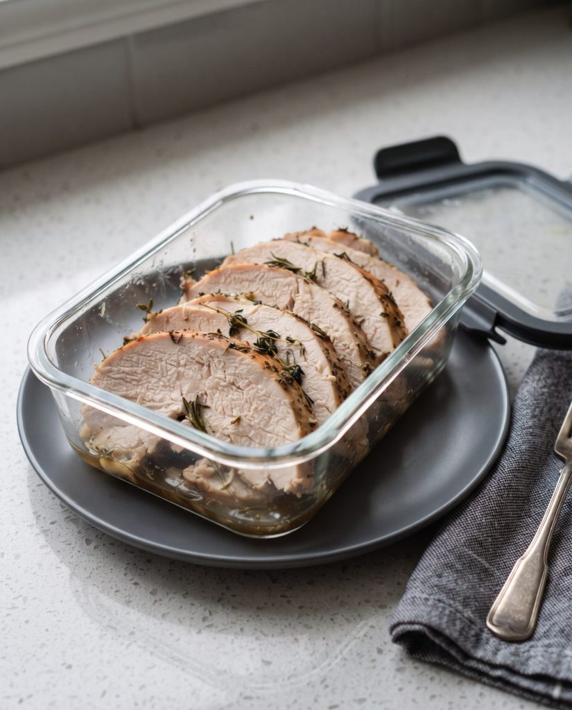 Leftover turkey in a storage container