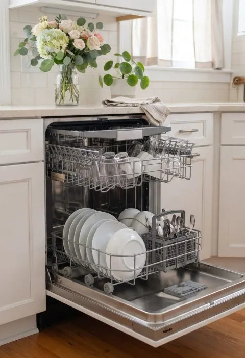 A clean dishwasher full of sparkling dishes
