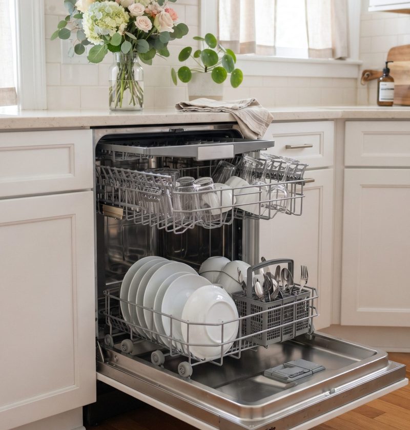A clean dishwasher full of sparkling dishes