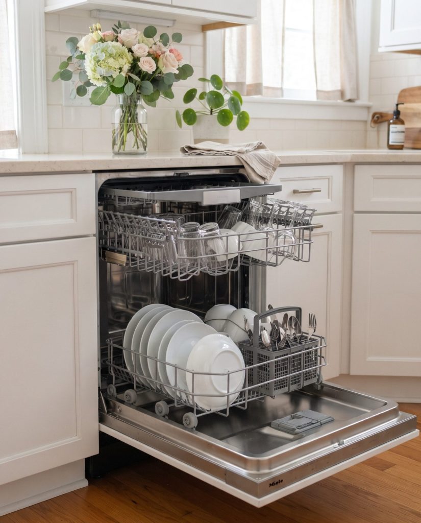 A clean dishwasher full of sparkling dishes