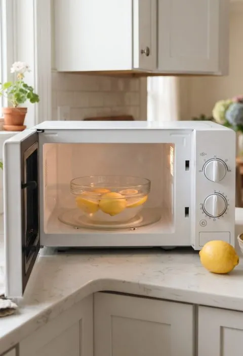A bowl of lemon water in a clean microwave