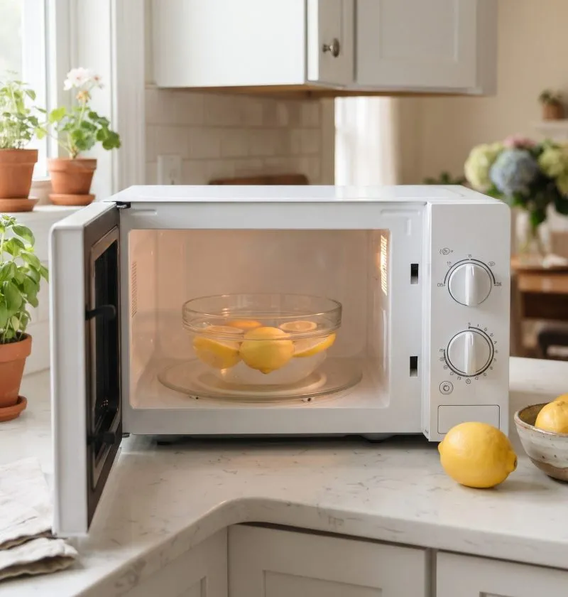 A bowl of lemon water in a clean microwave