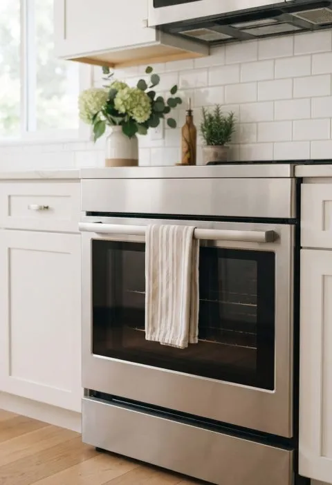 A clean oven door with clear glass