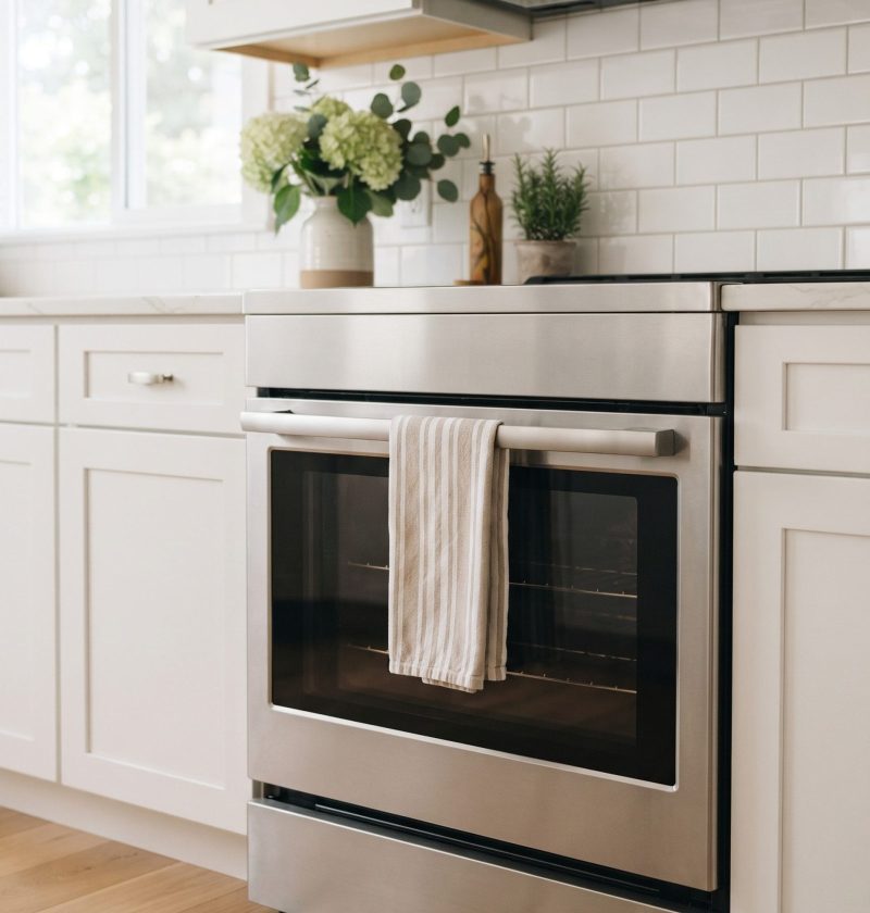 A clean oven door with clear glass