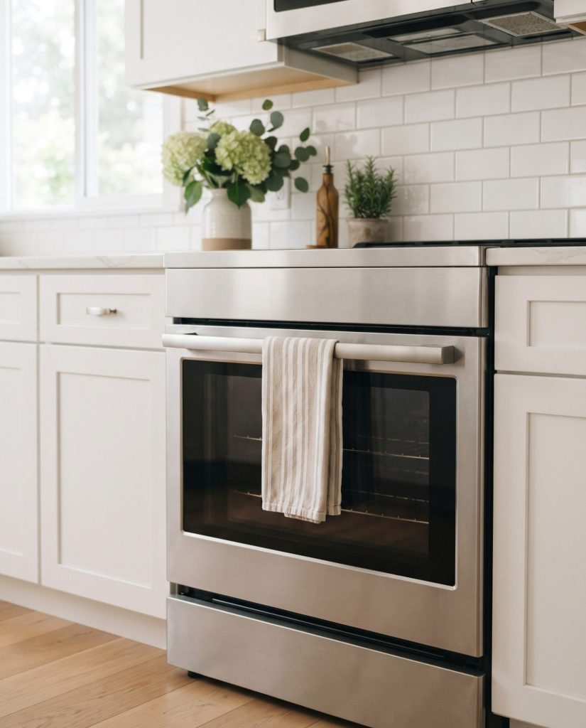 A clean oven door with clear glass