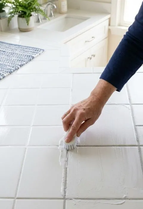 Scrubbing dirty tile grout