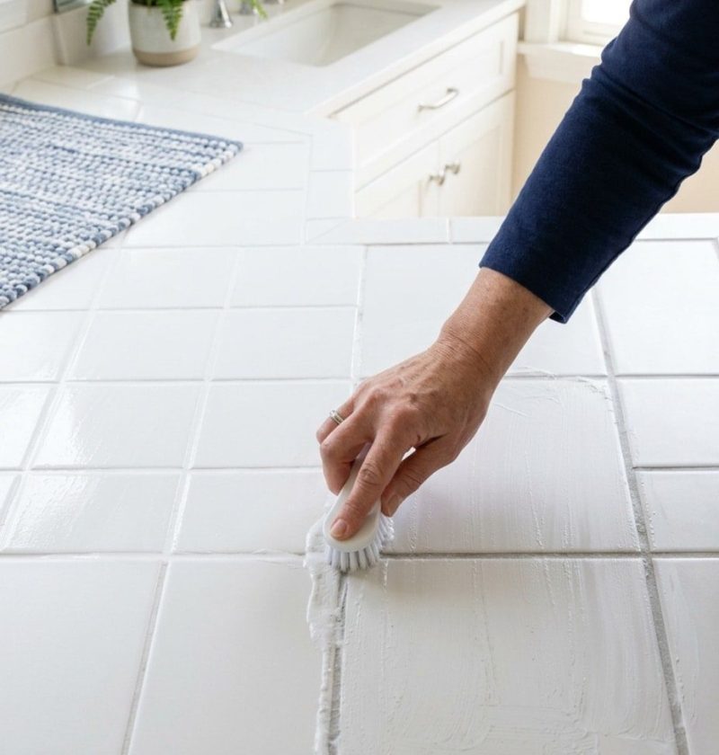 Scrubbing dirty tile grout
