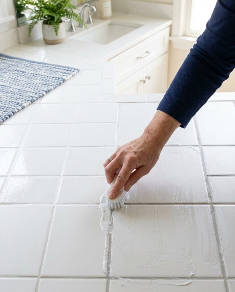 Scrubbing dirty tile grout