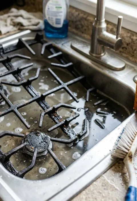 Stove grates soaking in soapy water