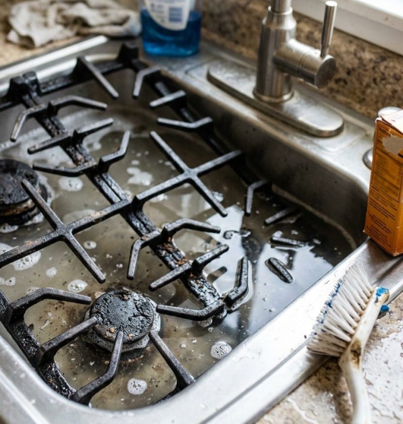 Stove grates soaking in soapy water