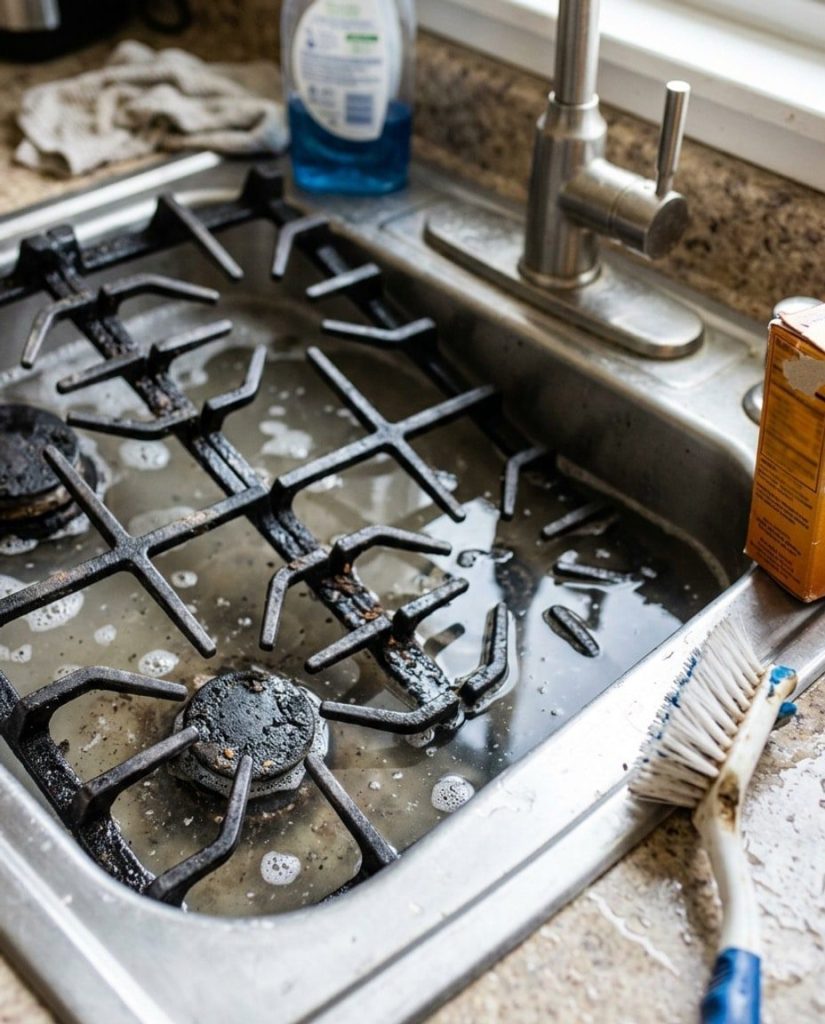 Stove grates soaking in soapy water