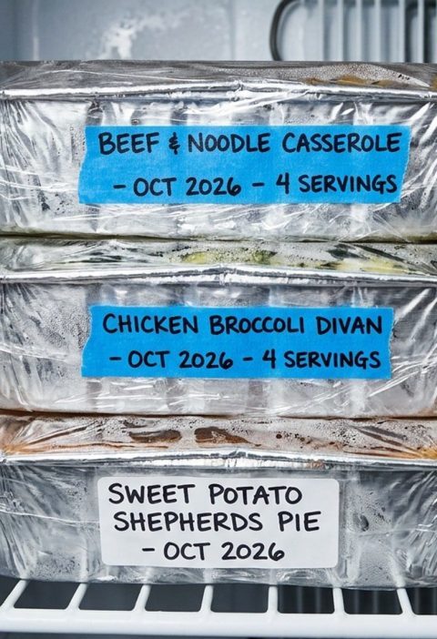 Casseroles wrapped for the freezer