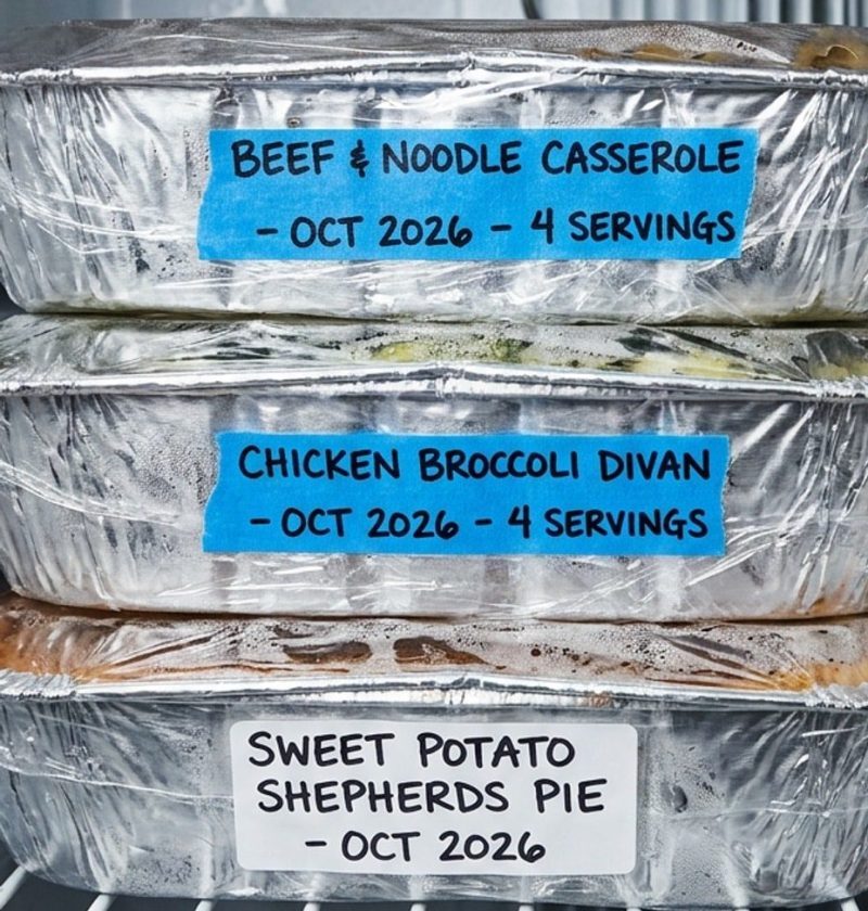 Casseroles wrapped for the freezer