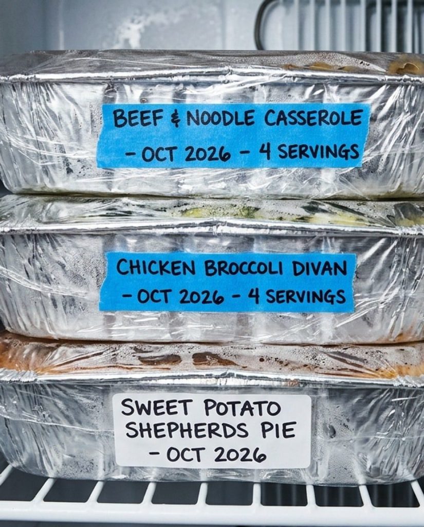 Casseroles wrapped for the freezer