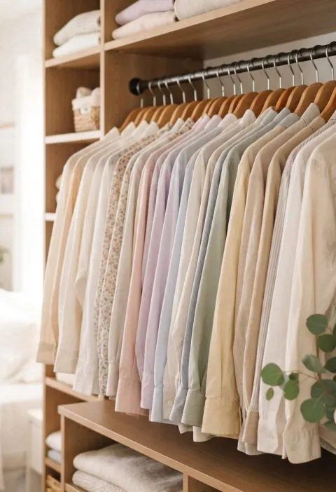 Wrinkle-free blouses hanging in a closet