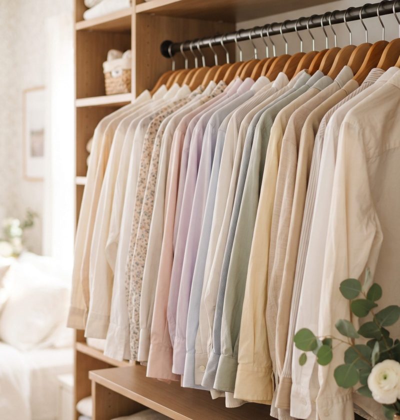 Wrinkle-free blouses hanging in a closet