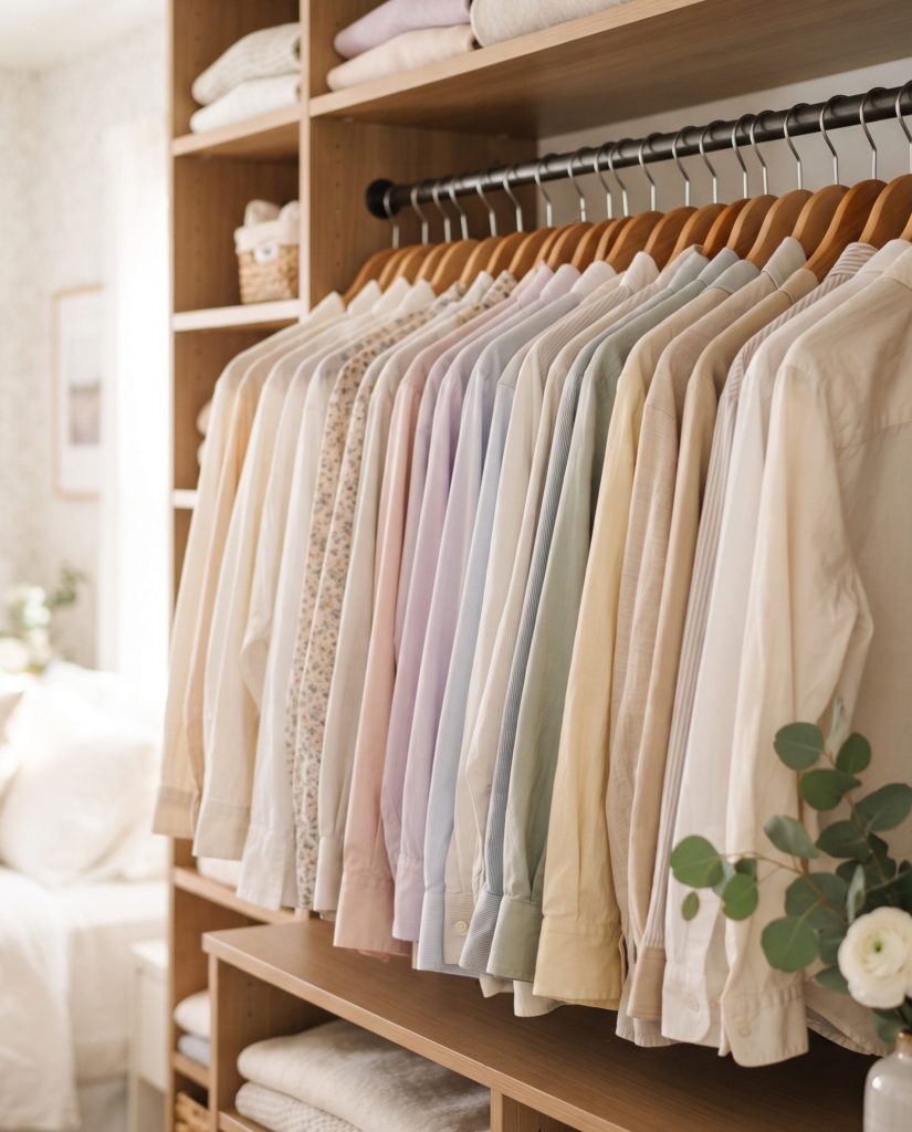 Wrinkle-free blouses hanging in a closet