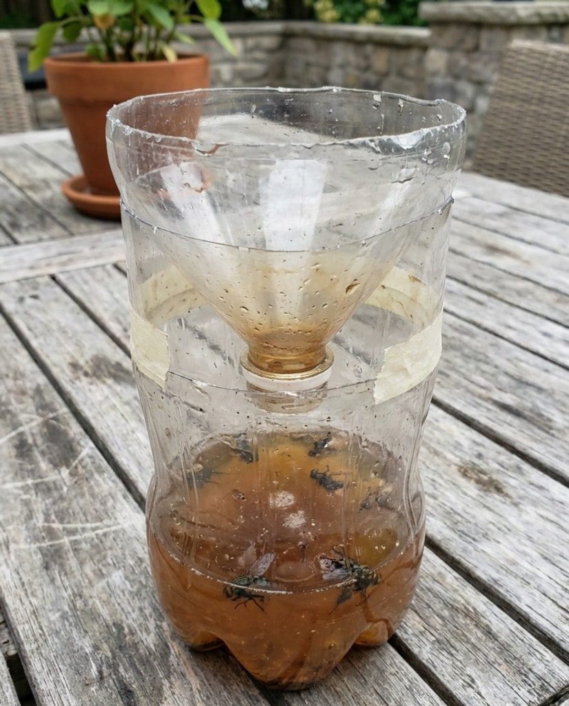 Plastic bottle fly trap on a patio table